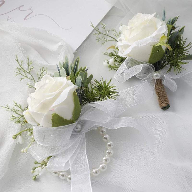 Floroom Ivory Rose Wrist Corsage Wristlet Band Bracelet and Men Boutonniere Set for White Wedding Flower Accessories Prom Suit Decorations - Image 1